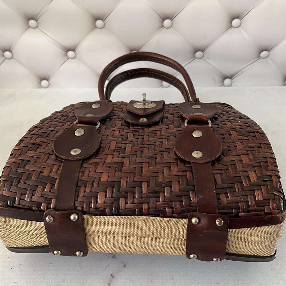 Vintage straw purse with Leather handles accent Color Brown Made in Spain - Picture 7 of 7